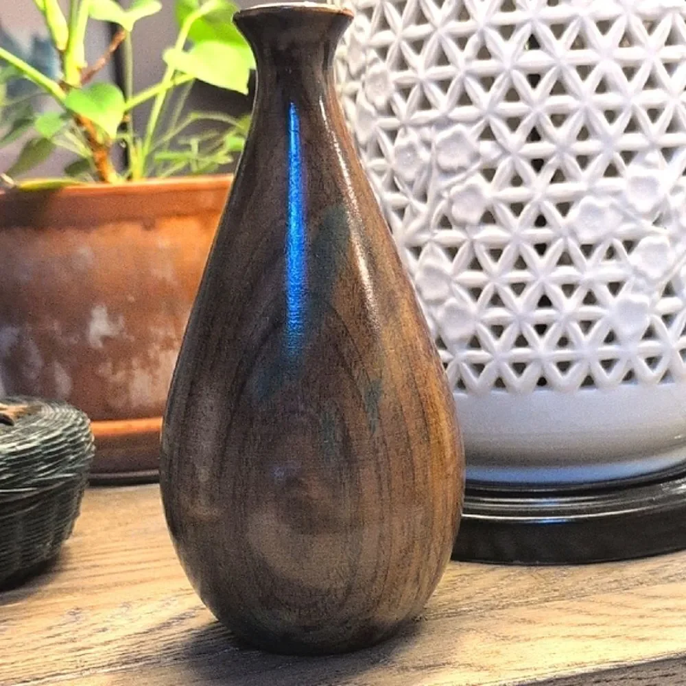Hand Crafted Elegant Brown Wooden Vase With Green Accents